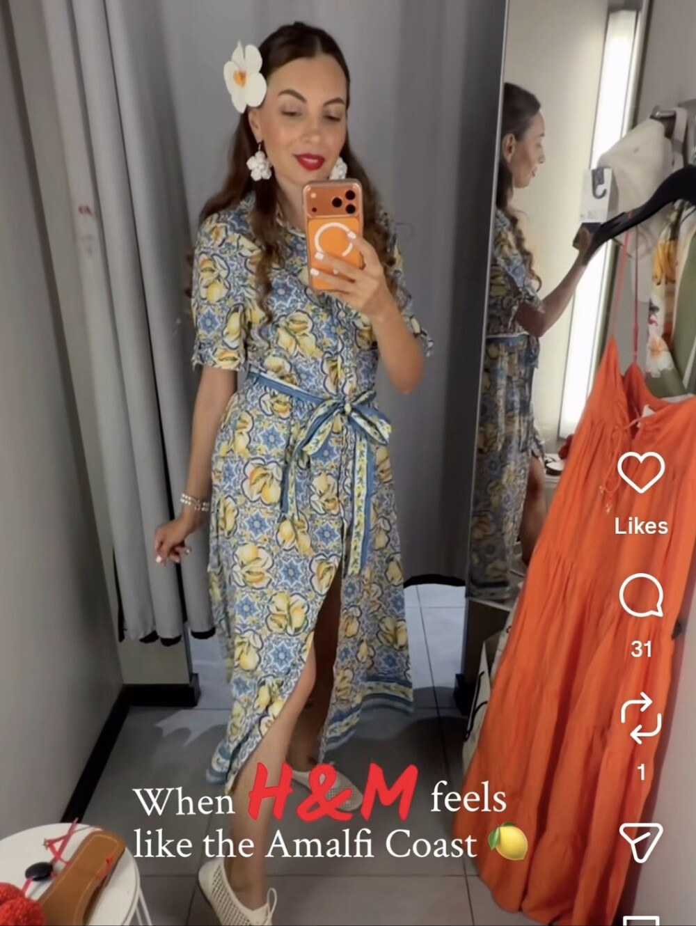 H&M Blue and Yellow Floral Tie-Waist Midi Shirt Dress
